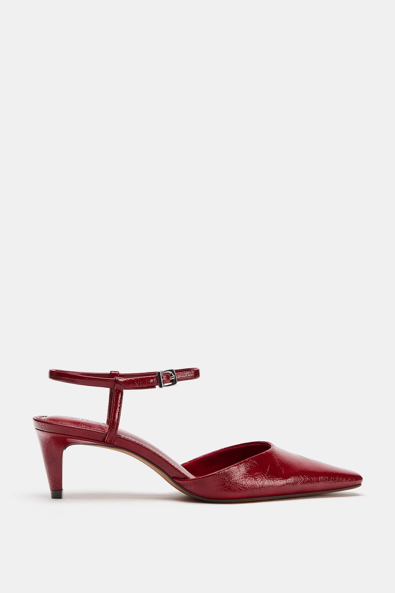 Crinkled Patent Ankle-Strap Kitten Pumps